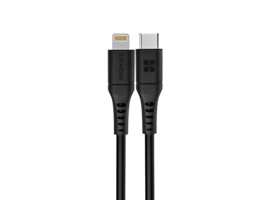 Promate PowerLink-200 USB-C to Lightning Cable 2m, Powerful 20W Power Delivery Fast Charging Silicone Lightning Cable with 480 Mbps Data Sync 